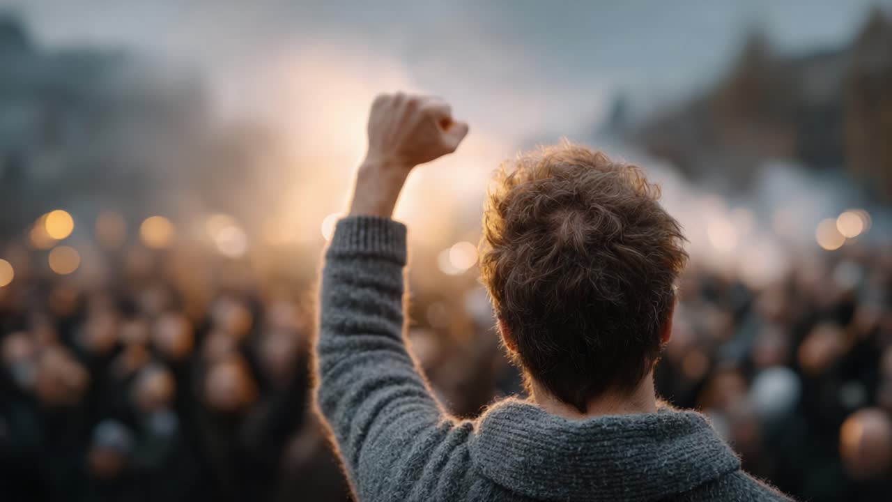 A passionate figure raises a clenched fist against a backdrop of a mass gathering, signifying solidarity, courage, and the fervor of unity amidst the crowd's rallying energy