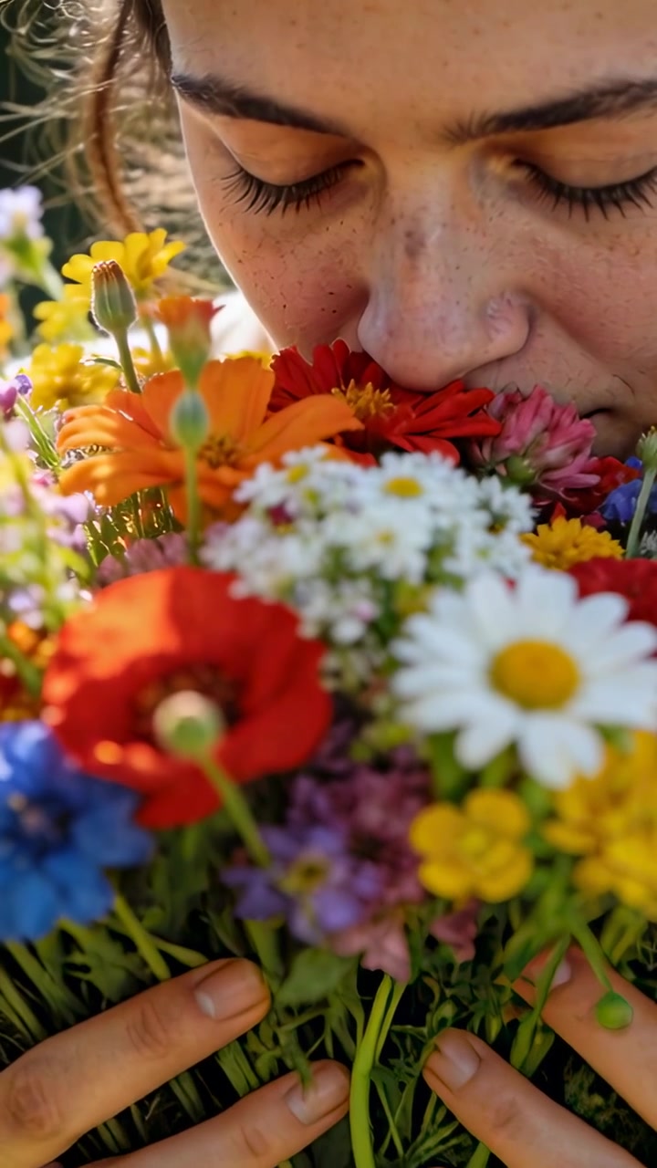 Video verticale: Annusando il profumo di un bouquet, donna che lo tiene vicino al viso in un parco, inalando fiori di campo
