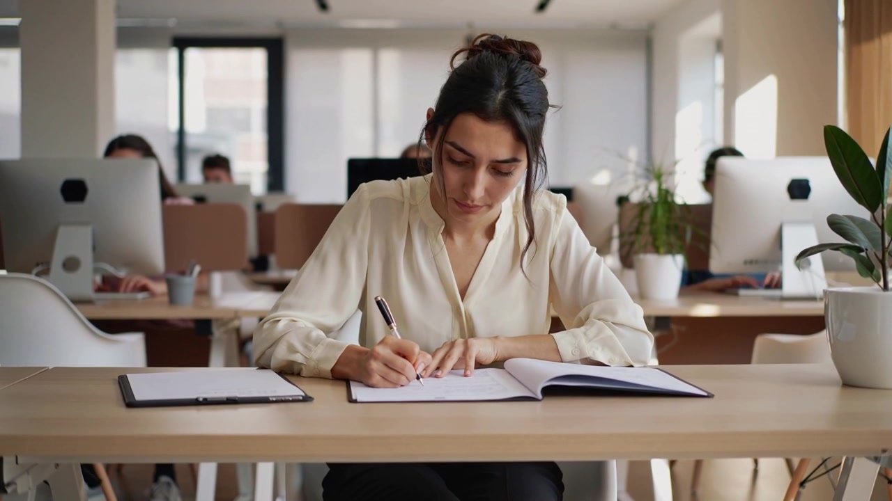 Starting task, writing woman in cream blouse taking work notes at shared desk with notebook, pen