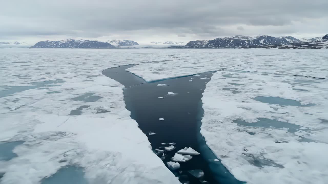 Vista aerea di un canale di ghiaccio artico con montagne in lontananza