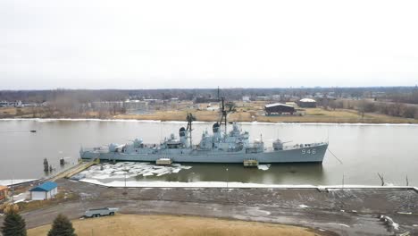 uss edson navy destroyer decommissioned in bay city michigan with drone shot moving up