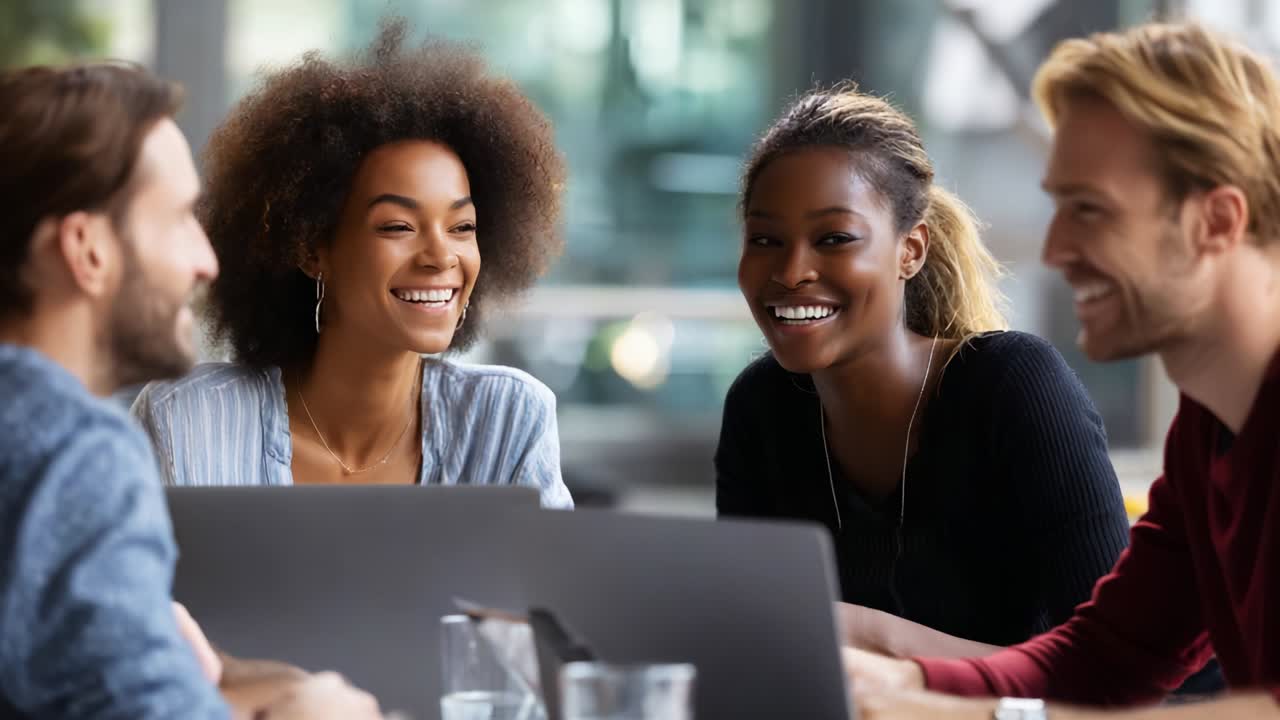 Un groupe d’amis dynamique participe à une conversation joyeuse, partageant des rires et des idées autour d’un ordinateur portable, mettant en valeur la camaraderie, la créativité et la joie de la collaboration dans un environnement de travail moderne.