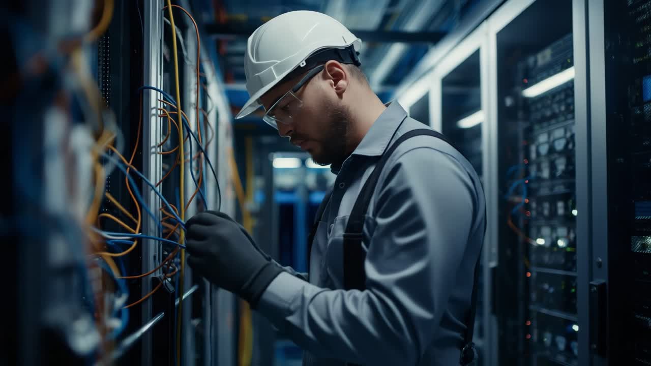 Professional electrician wearing protective gear connecting network cables in server room, managing complex technological infrastructure with precision