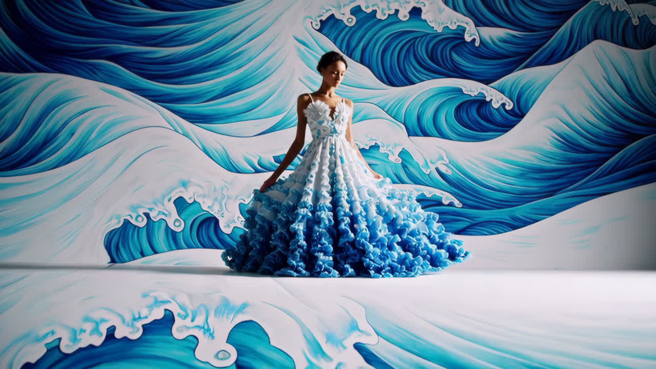 Elegant Fashion: Woman in Wave-Inspired Gown