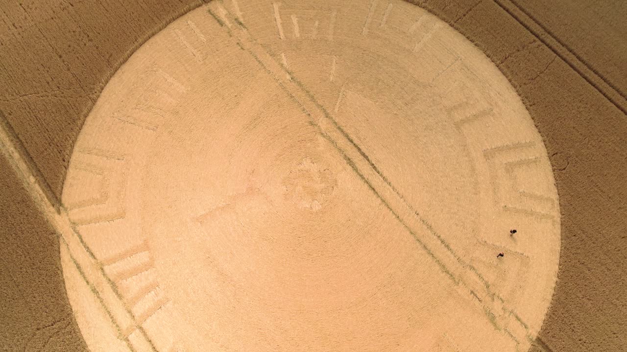 Aerial view over people exploring damaged remains of plowed golden crop circle farmland in Devizes