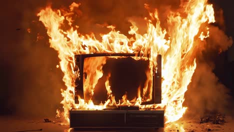 a television on fire in the middle of a room