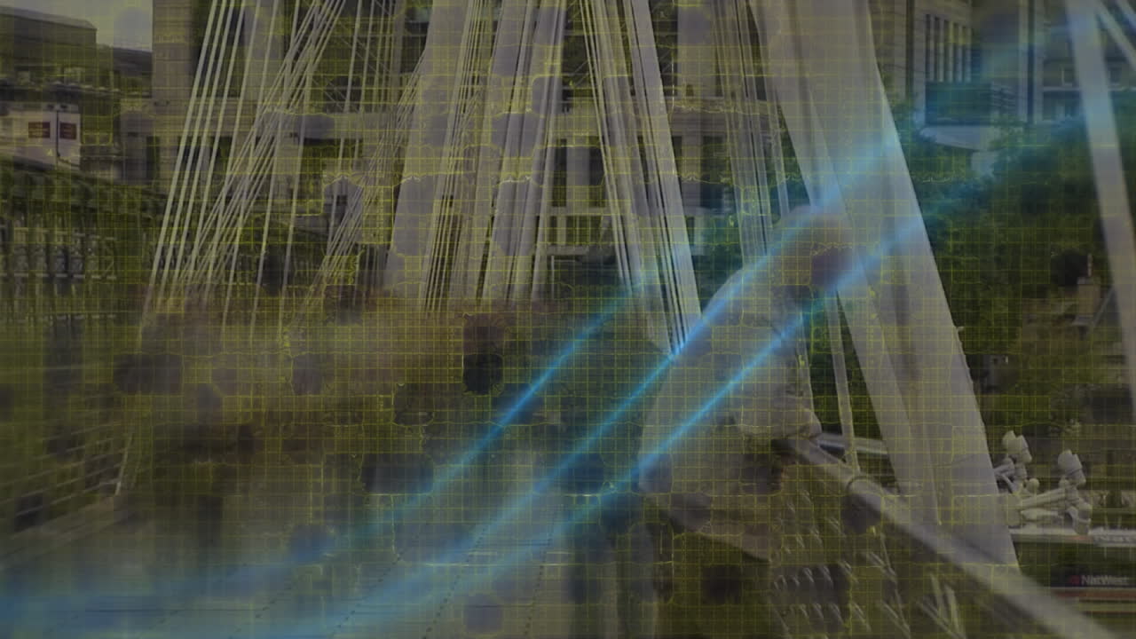 senderos de luz azul contra el lapso de tiempo de las personas que caminan por el puente