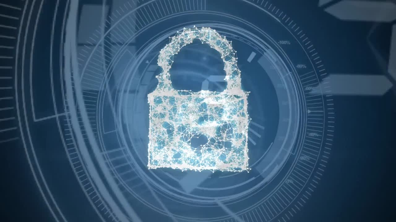 animación de un candado digital sobre fondo azul con conteo y círculos