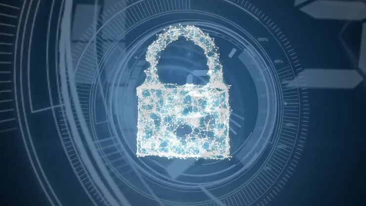 Animation of digital padlock over blue background with counting and circles