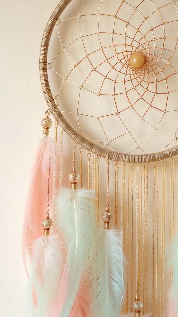 Vertical video: Swaying dreamcatcher in breeze on beige wall, with pastel feathers fluttering
