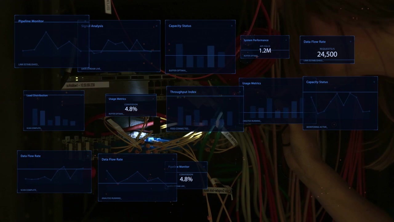 Tech approaching rack holding torch lighting fibers causing data panels probing ports for testing
