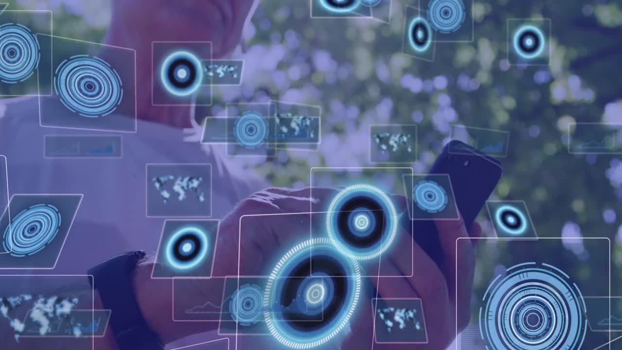 animación de pantallas digitales con datos sobre hombre caucásico usando teléfono inteligente
