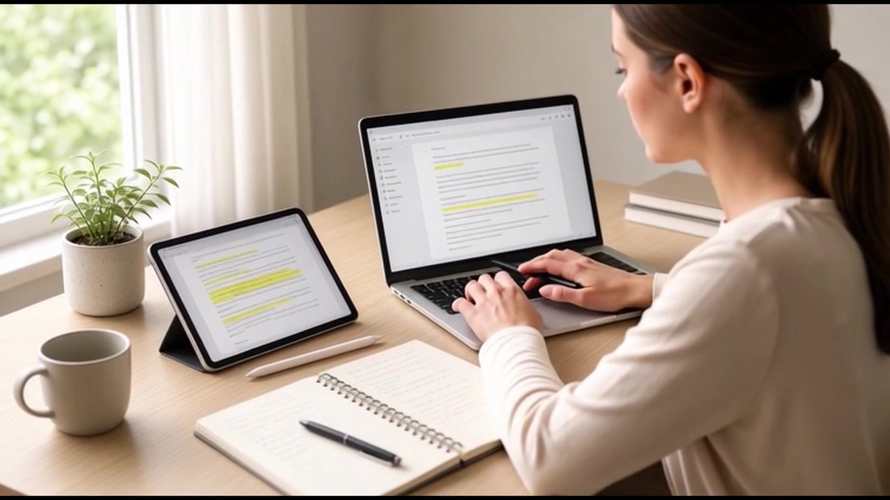 Giovane donna che lavora al laptop e al tablet alla scrivania