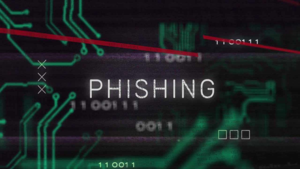 Animation of phishing text, red lines, binary codes and glitch technique over circuit board pattern