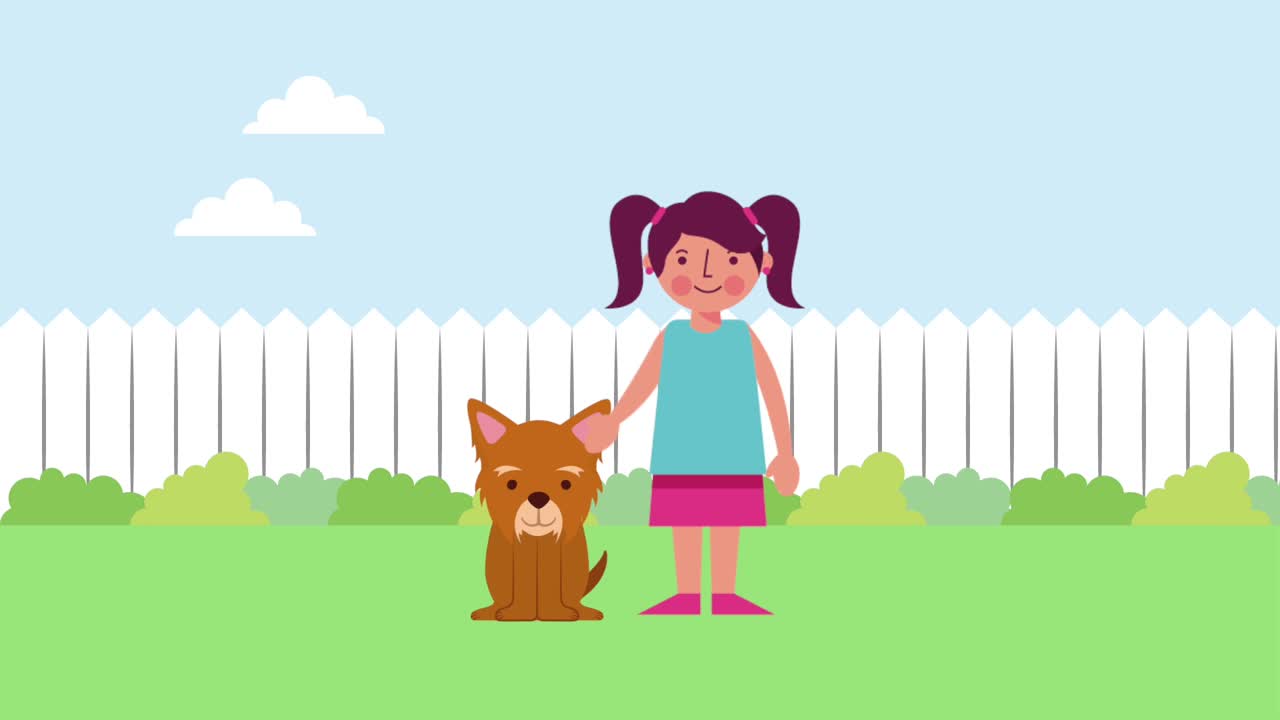 정원에서 그의 개와 함께 행복한 소녀