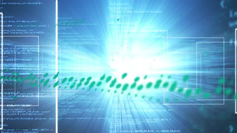 Animation of graphs, lights, data processing on blue background
