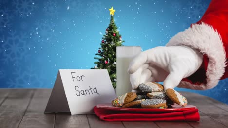 Santa-eating-cookies-and-milk-with-Christmas-tree-and-snow