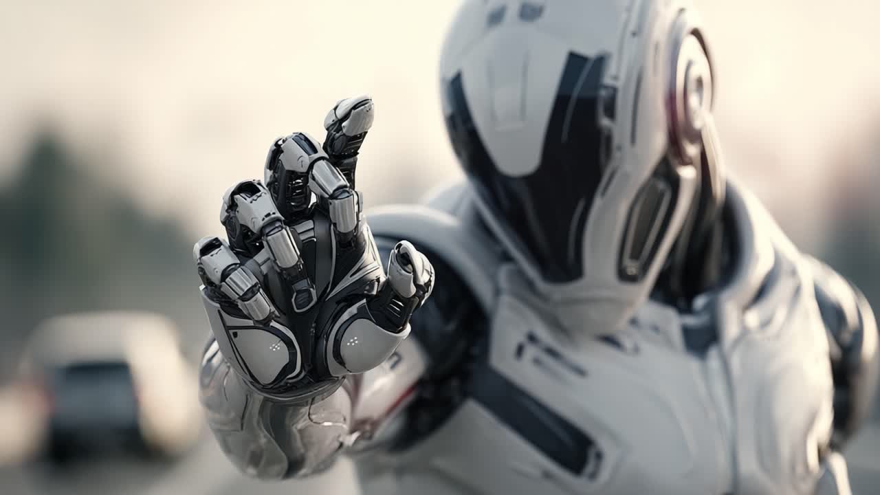 A Futuristic Robotic Figure Extends Its Mechanical Hand, Showcasing Advanced Technology and Sleek Design in a Dynamic Outdoor Environment
