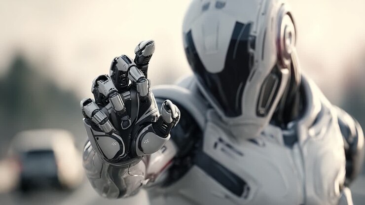 Una Figura Robotica Futuristica Estende la Sua Mano Meccanica, Mettendo in Mostra Tecnologia Avanzata e Design Elegante in un Ambiente Esterno Dinamico