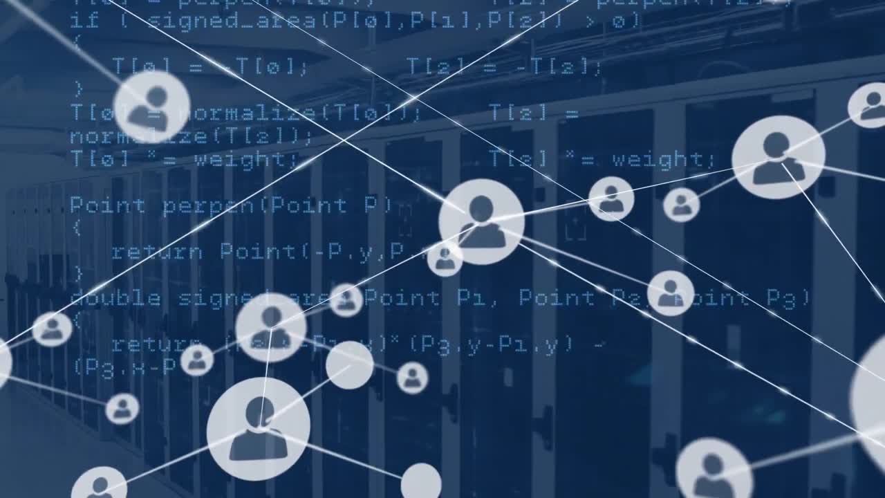 Animation of connected icons over computer language against server room in background