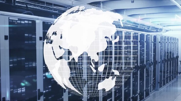 Animation of globe and data processing over computer servers