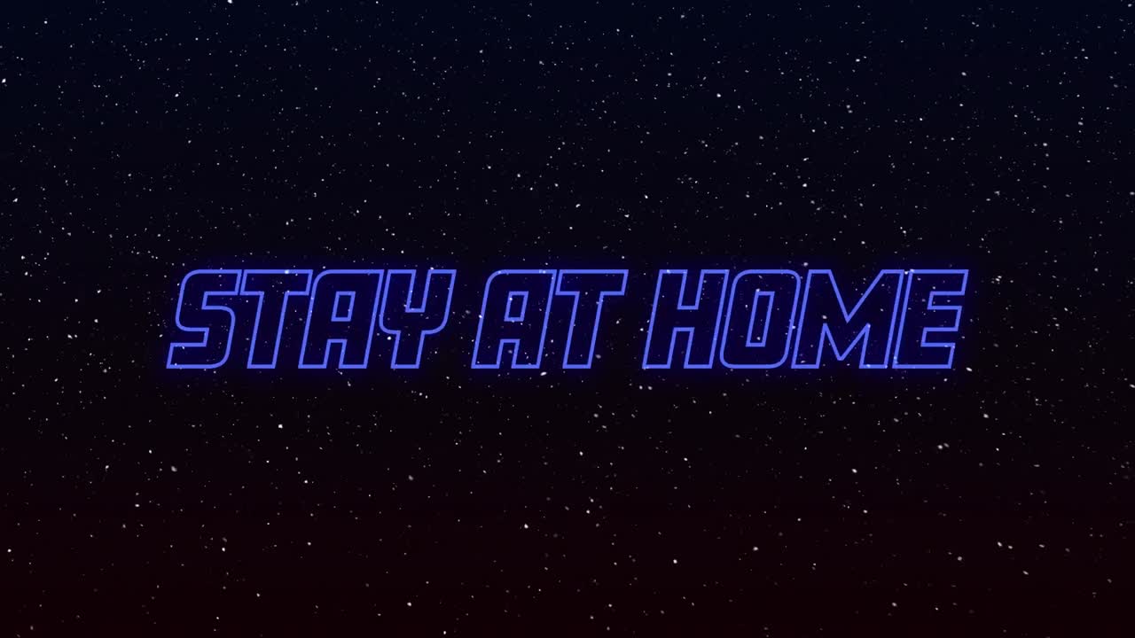 검은색 바탕에 파란색 네온 텍스트로 집에 머물러 있는 눈이 떨어지는 애니메이션