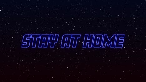 animation of snow falling over stay at home blue neon text on black background