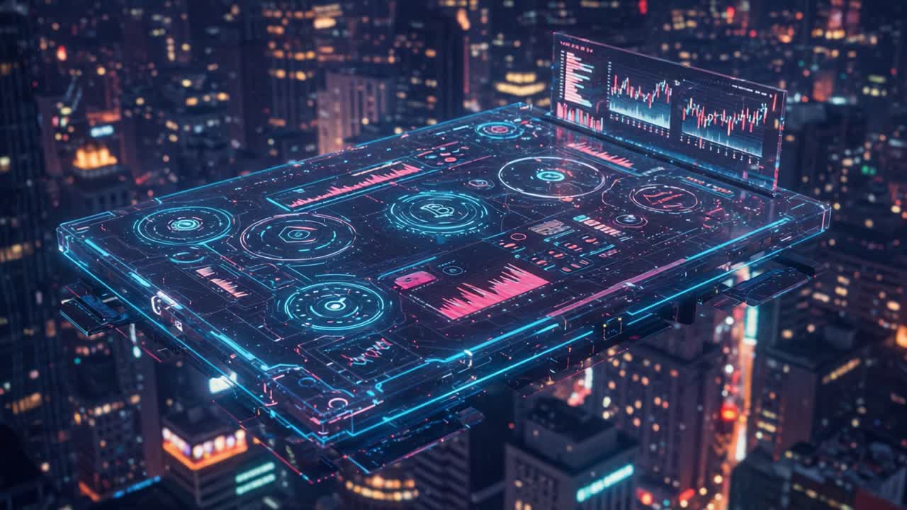 Futuristic Data Dashboard Overlooking a Cityscape: An Innovative, High-Tech Interface Displaying Dynamic Analytics and Trending Insights in Neon Colors