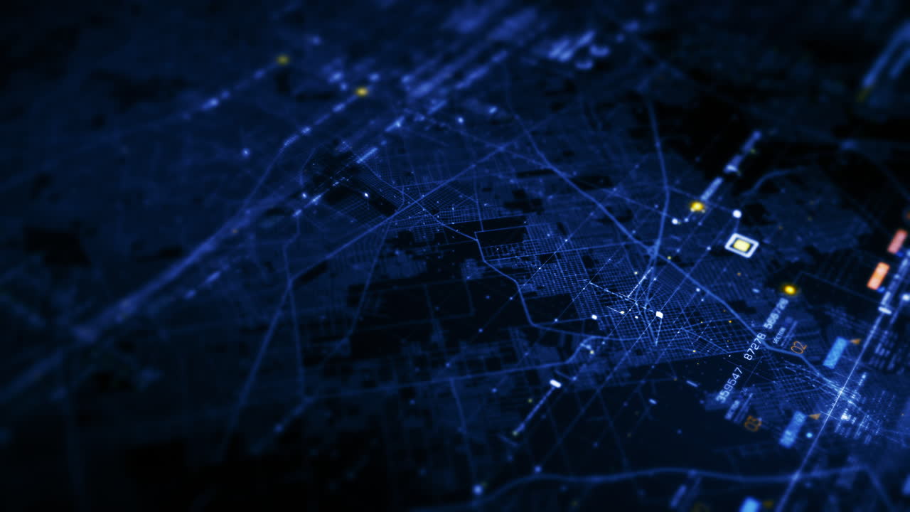 Advance data matrix, telemetry and encrypt numbers simulation user interface display in cyber space abstract de-focus environment background