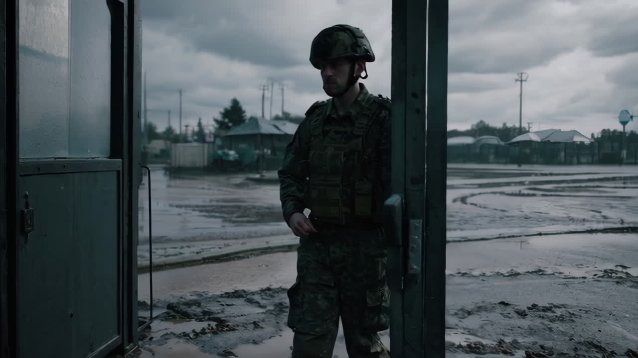 Military Personnel at a Checkpoint in a Muddy Area