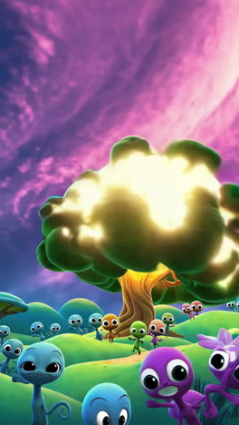colorful fantasy world with glowing tree and cute creatures