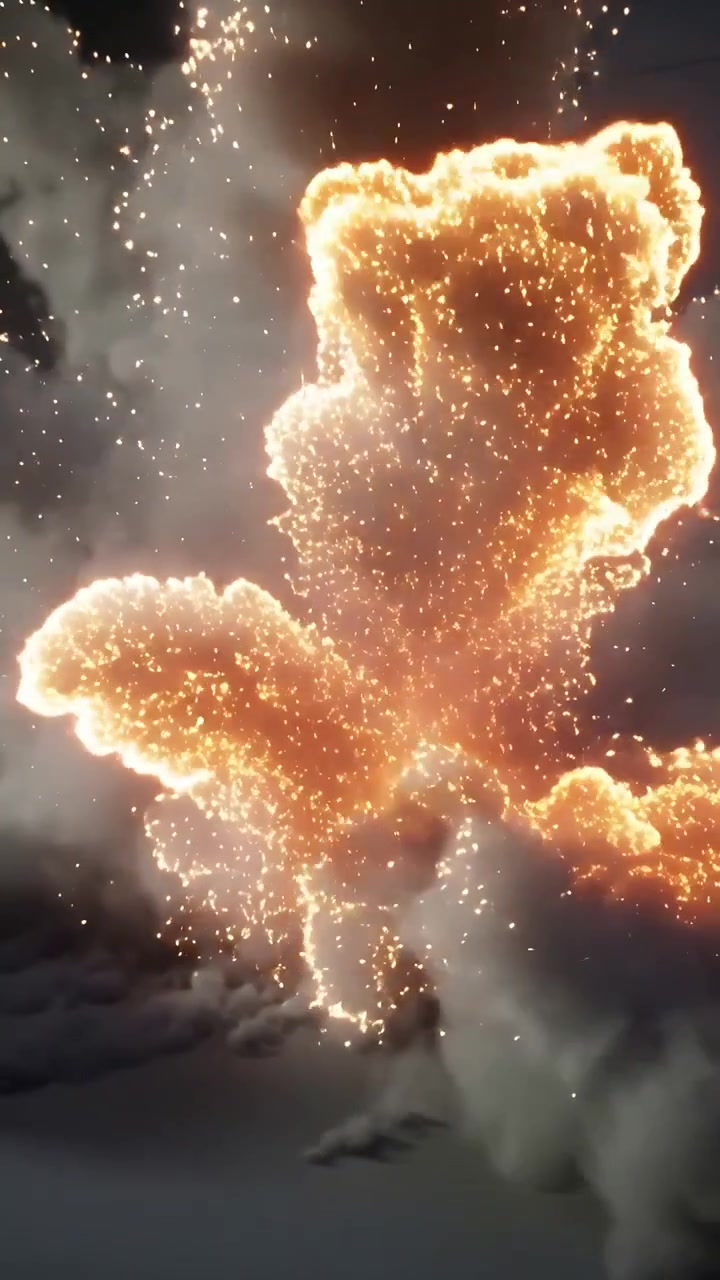 Video vertical: Bola de fuego detonando, lanzando chispas y columnas de humo en forma de pétalos hacia arriba en un hangar para una prueba