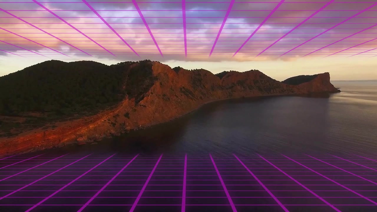 Retro Synthwave Grid Overlay on Coastal Mountain Landscape at Sunset