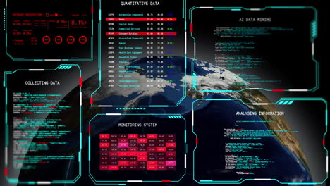 Animación-Del-Procesamiento-De-Datos-Digitales-En-Pantallas-Y-Globo-Sobre-Fondo-Negro