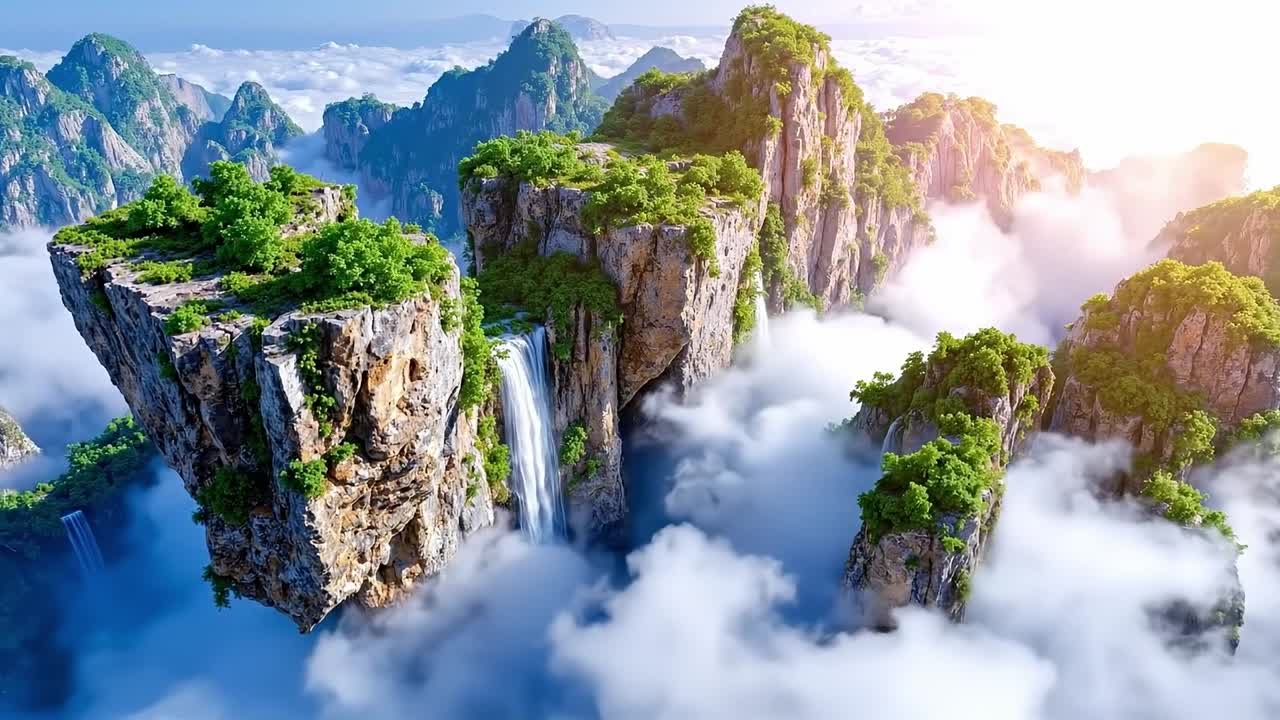 A large waterfall in the middle of a mountain surrounded by clouds