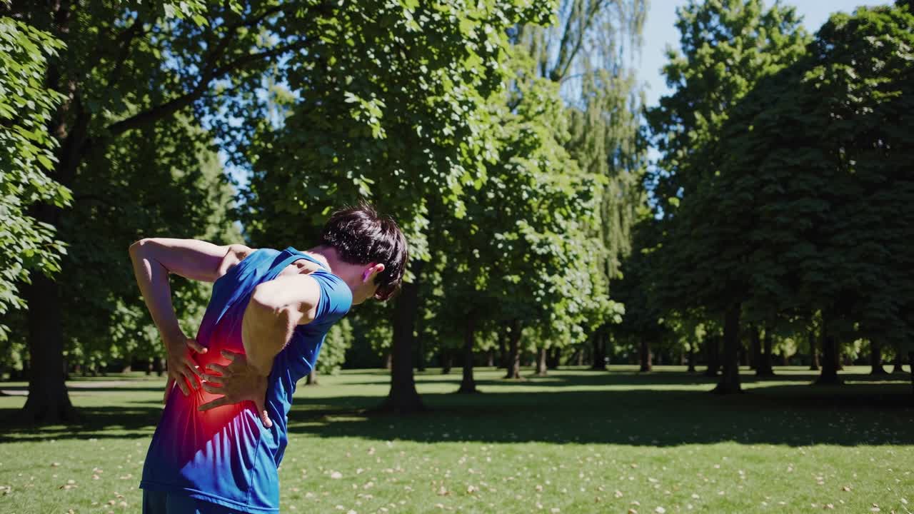 joven atleta musculoso que experimenta dolor agudo en la espalda, de pie en un parque urbano iluminado por el sol con árboles y hierba, lo que indica una posible tensión o lesión muscular relacionada con el deporte