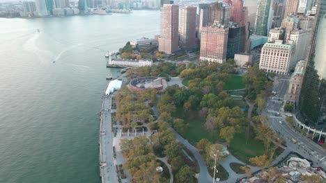 the battery waterfront park with harbour views drone view