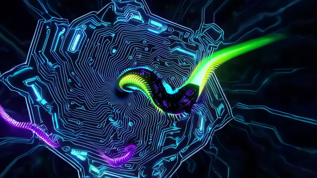 Glowing Circuit Board with Abstract Worms