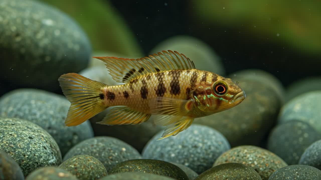 A vibrant fish swims gracefully among smooth stones, showcasing its unique patterns and colors in an underwater environment filled with tranquility and life.