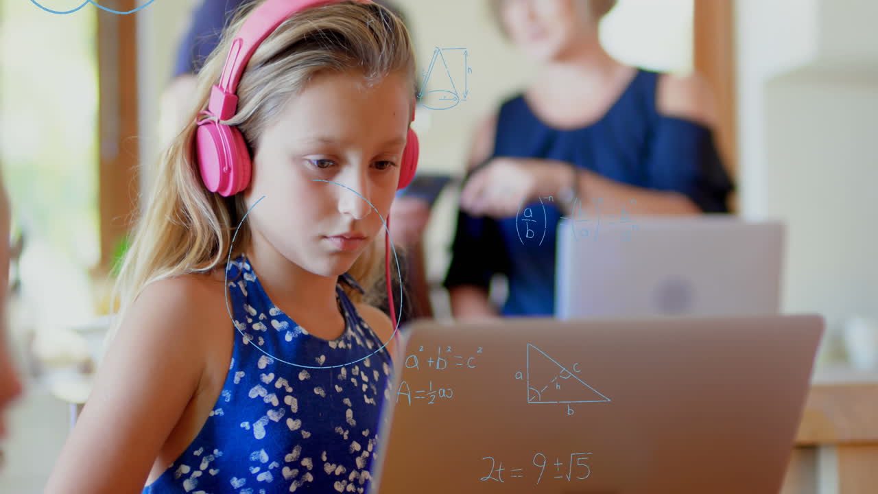 Mathematical equations floating against girl using laptop