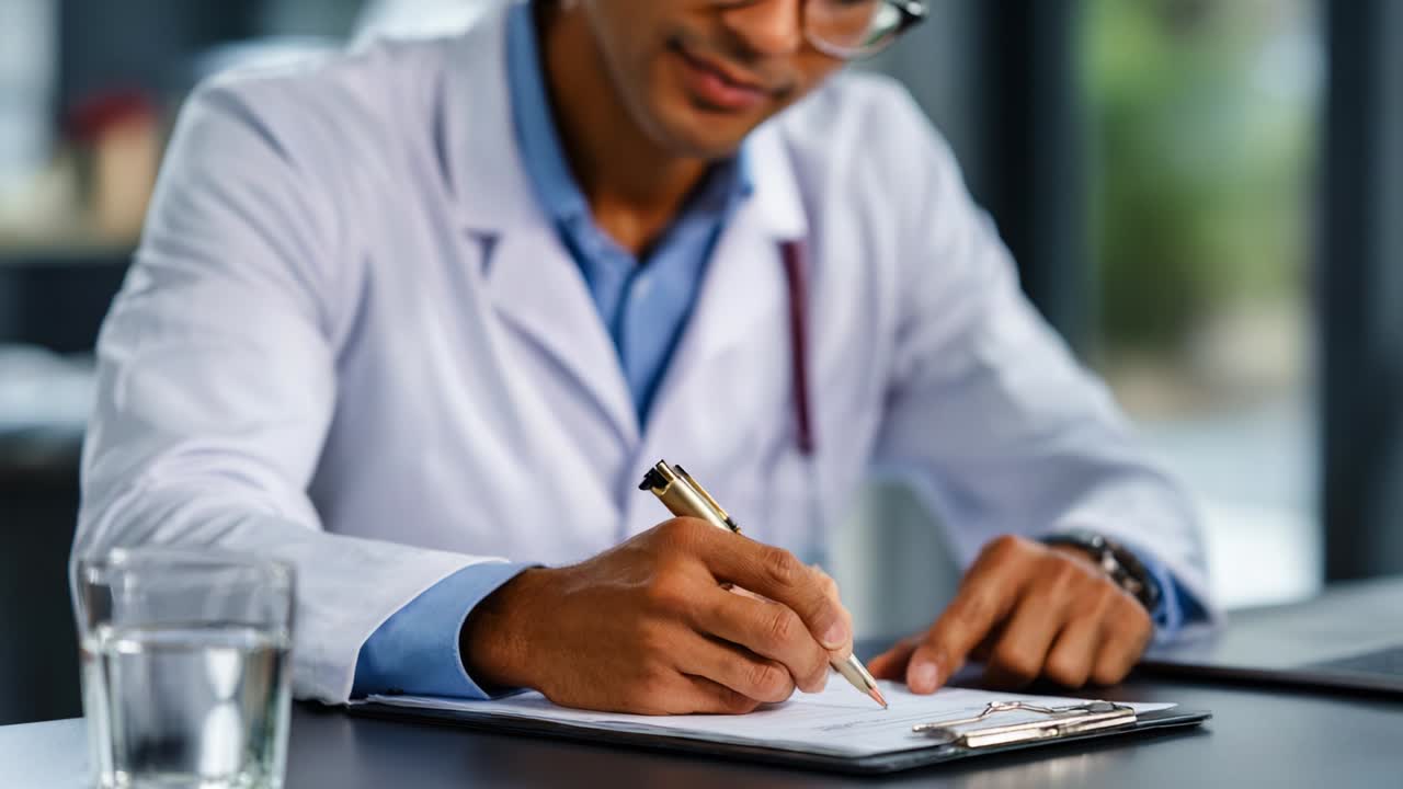 Professional Male Medical Practitioner in White Coat Concentrating While Writing Notes on Clipboard, Capturing the Essence of Healthcare and Patient Interaction in a Modern Office Environment