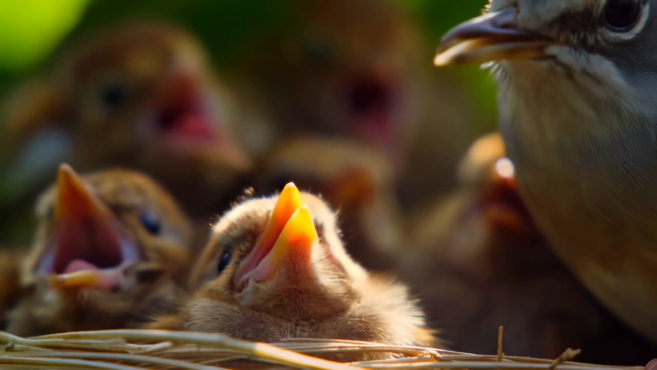 Low-angle close view of adult songbird offering food to hungry nestlings inside woven straw nest, with open beaks, soft feathers, warm natural light, and intimate wild habitat detail