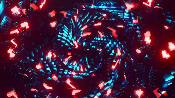 Dark futuristic vortex loop animation with swirling metallic tiles and glowing red accents. 3D rendering