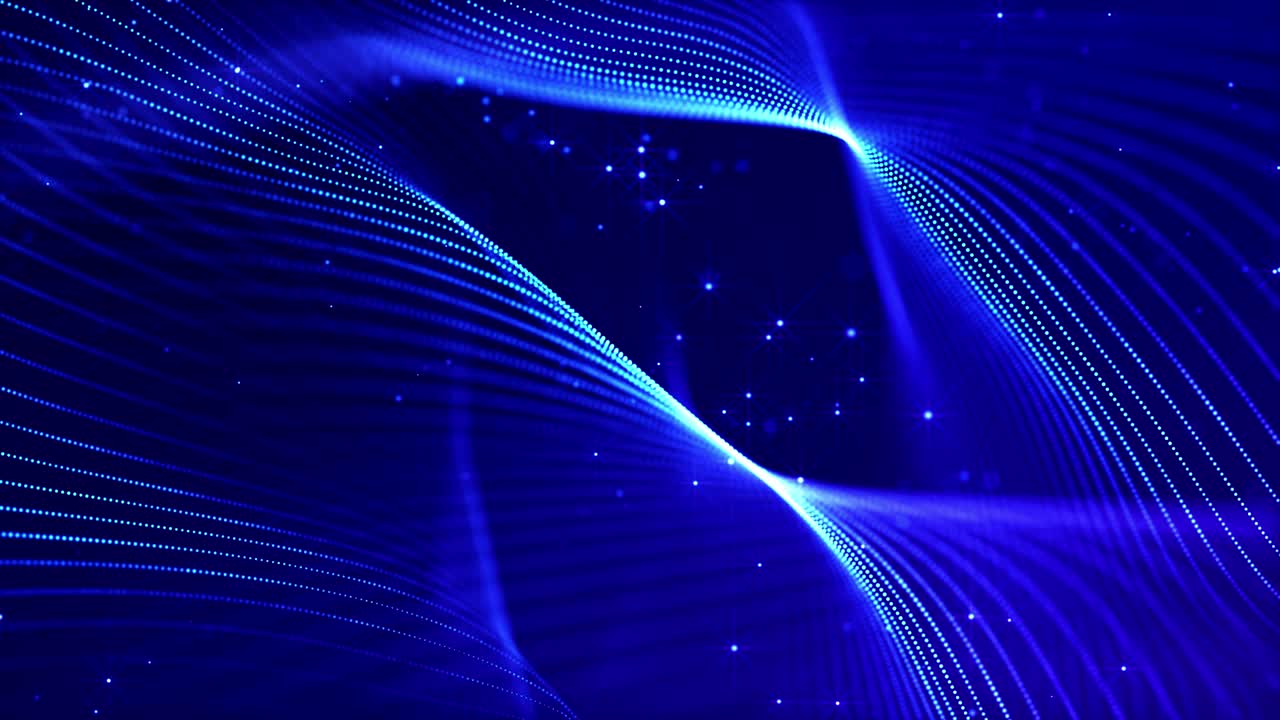 보케와 빛 효과가 있는 4k 루프 과학 소설 입자 배경은 빛나는 파란색 입자가 선, 표면, 미세 세계 또는 공간과 같은 부드러운 움직임으로 복잡한 구조를 형성합니다.