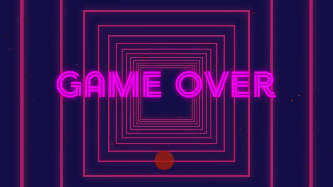 Animação do texto "game over" sobre formas em fundo azul.