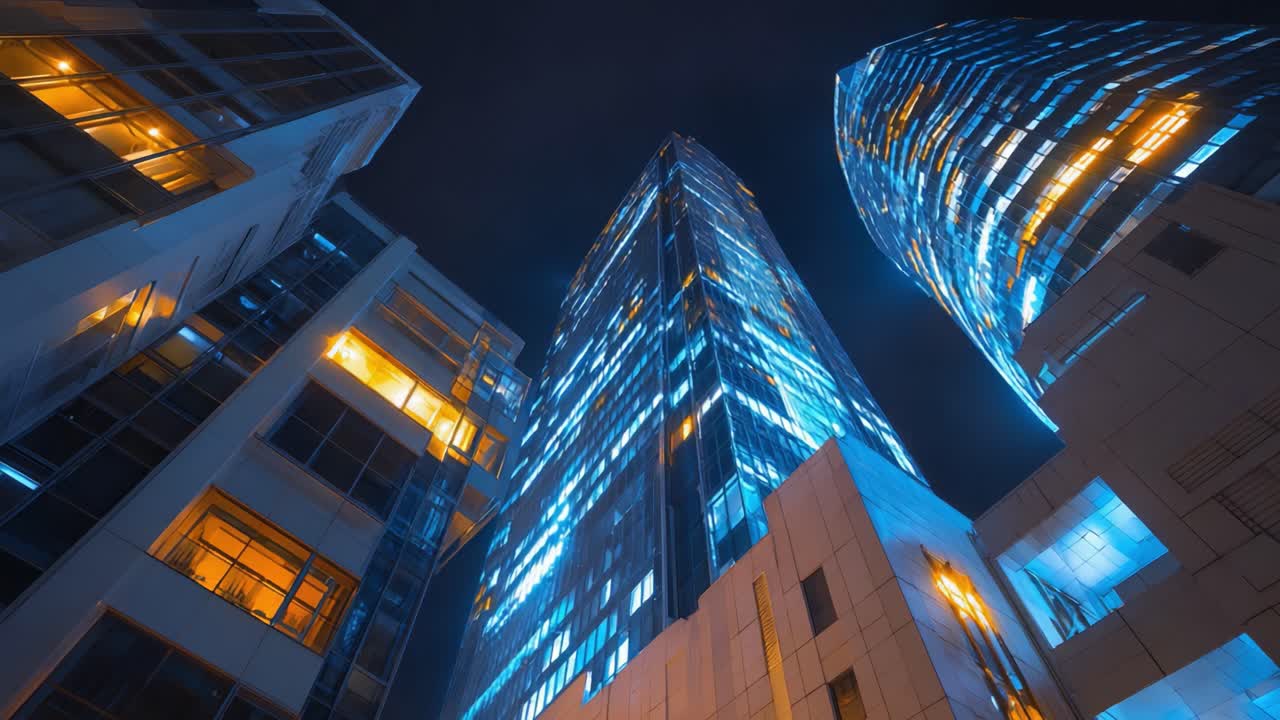 Uma Vista Noturna Deslumbrante de Arranha-Céus Modernos Iluminados por Luzes Azuis e Laranjas, Exibindo a Brilhante Arquitetura Contra um Fundo Estrelado