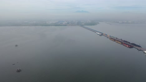 aerial view of a port in fog