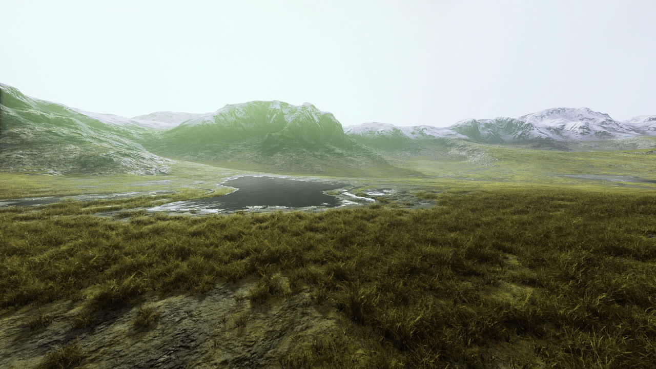 Expansive landscape featuring a calm pond surrounded by mountains and grass