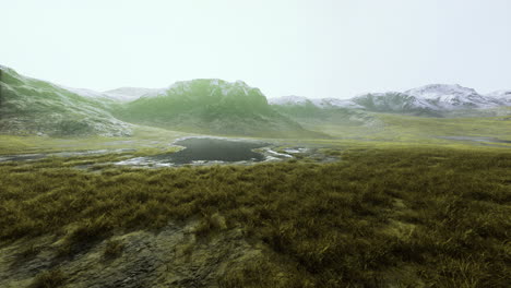 expansive landscape featuring a calm pond surrounded by mountains and grass