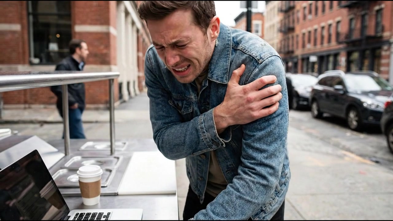 Person holding chest with one hand while standing inside office in everyday health concept